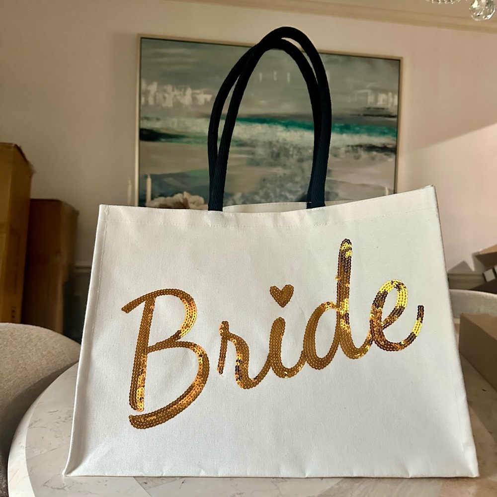New Bride Sequin Large Canvas Tote Bag in White and Gold